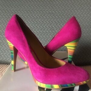 Women’s Fuchsia Suede High Heels with Multi-Color Striped Heel